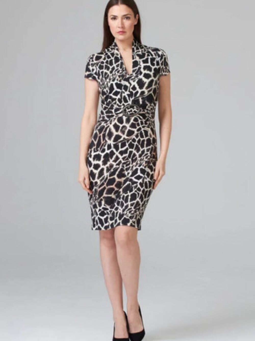Joseph Ribkoff Cap Sleeve‎ Animal Print Brown Midi Dress Size 16